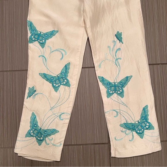 Vintage Silk Cream Teal Embroidered Butterfly Pants Yves Cossette Depeche Mode - Picture 8 of 12